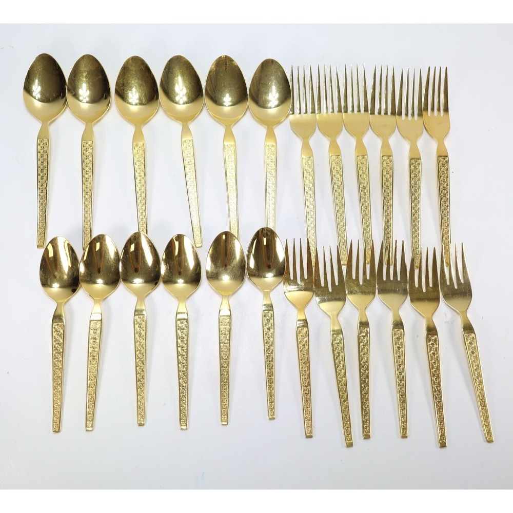 Hanford Forge Trocadero Gold Toned‎ Stainless Flatware Korea 24pc Forks Spoons